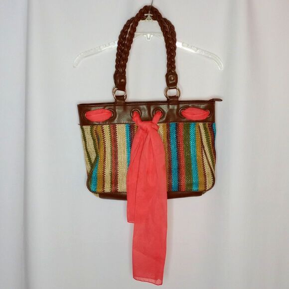 Apt. 9 Leather Woven Tote Bag Colorful Earth Tones Large Purse Pockets Zip Close - Picture 1 of 6